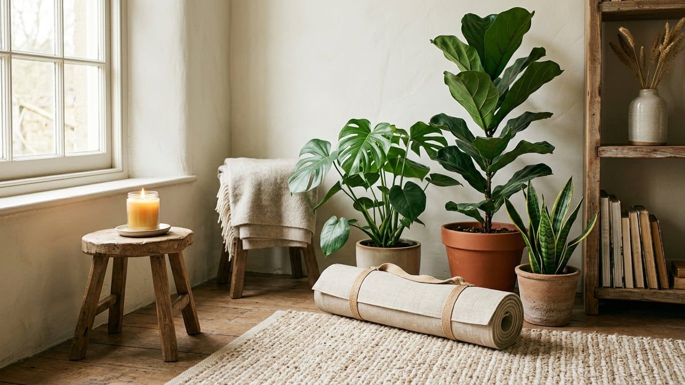 Coin de pratique paisible avec plantes, bougie et tapis de yoga roulé.